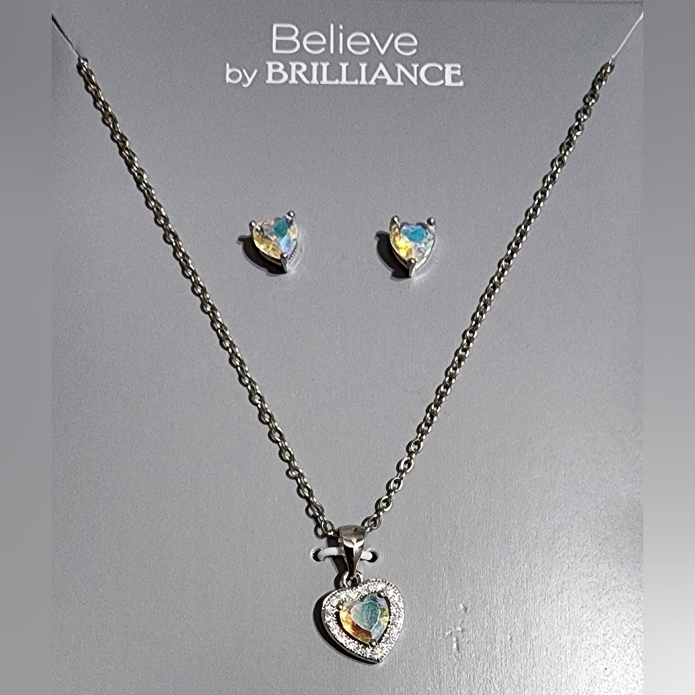 Believe by Brilliance Fine Silver Plated Crystal Heart Earring and Pendant - New